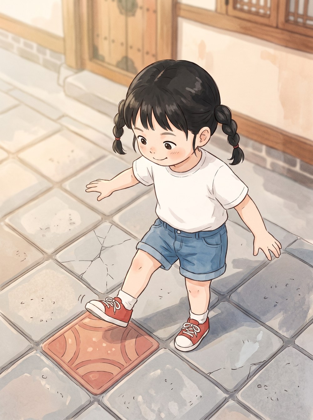 보도블록 중 무늬 있는 블록을 골라 밟는 아이 일러스트